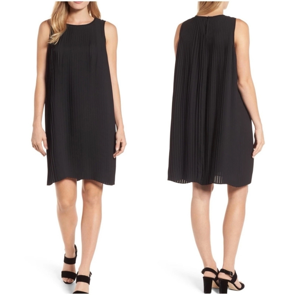 Eileen Fisher Accordian Pleated Sleeveless Shift Dress, Black, Size XS